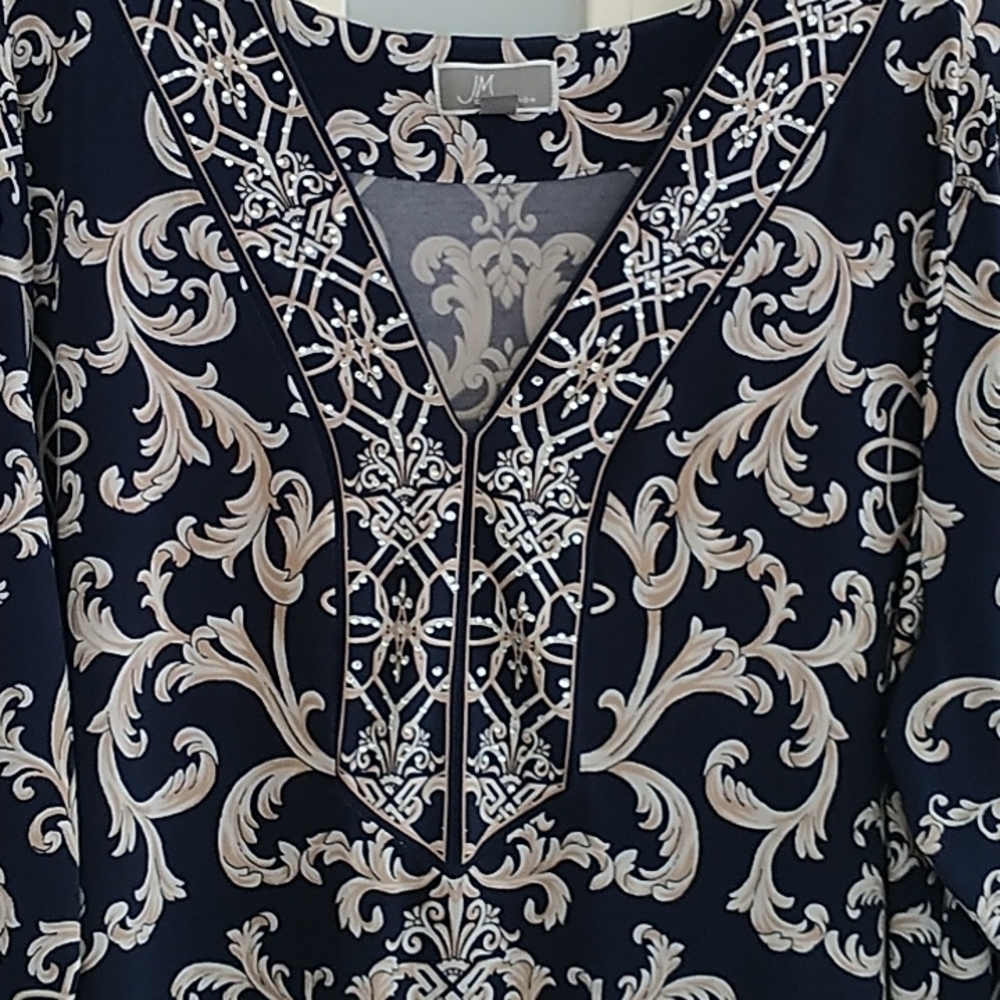 JM Collection Navy Tan Classic Print V Neck Pullover Top XL - Picture 6 of 12